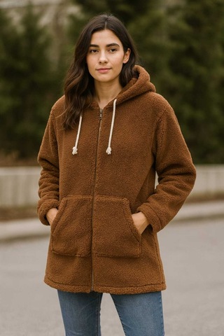 Tenra Kadın Peluş Mont Kapüşonlu Geniş Kalıp Kahverengi Kahverengi