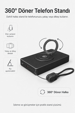 Ym307 10000 Mah Manyetik Kablosuz Powerbank 25w Pd Hızlı Şarj, 15w Kablosuz Şarj Ve 360 Döner Stand Siyah