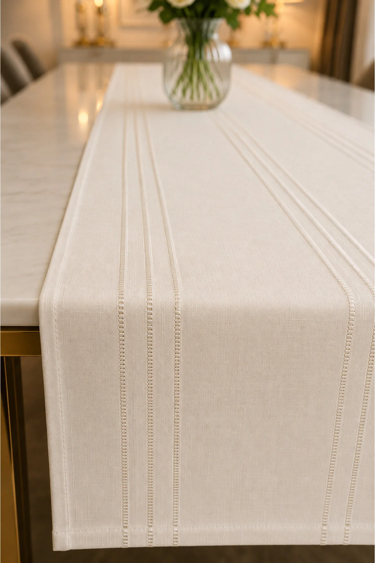 %100 Polyester Dertsiz Leke Tutmaz Şerit Desenli Runner Masa Örtüsü 53x200 Cm Krem