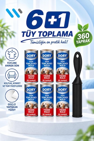 Dory Tüy Toplama Rulosu 6 Lı Set + Sap Evcil Hayvan Tüyü, Koltuk Ve Kıyafet İçin
