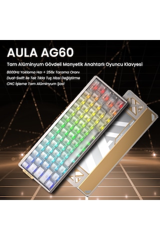 Aula Ag60 Alüminyum Manyetik Klavye Hall Effect Snowglow Switch 8000hz Rgb Tkl Hot Swap Oyuncu Klavyesi Şeffaf