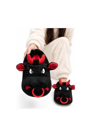 Modafocus Kızgın Boğa Figürlü Sessiz Kaydırmaz Taban Peluş Unisex Ev Pandufu Sevgili Kombin Terliği Siyah Siyah