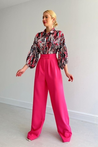 Beli Lastikli Saten Gömlek - Fuşya Karışık Çok Renkli
