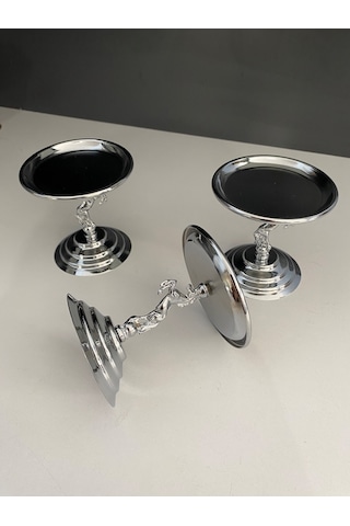 3'lü Atlı Gümüş Lokumluk, Çay Ve Kahve Yanı Sunumluk, Metal Şekerlik, Makaronluk Gümüş