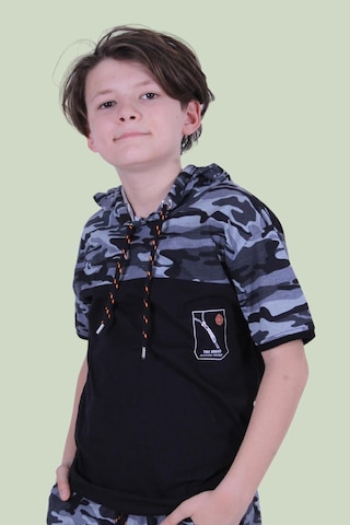 Panios Kids Kapşonlu Kamuflaj Desen Erkek Çocuk T-shirt Gri