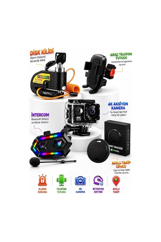 Motosiklet Aksesuar Seti Disk Kilidi V20 Intercom 4k Aksiyon Kamera Telefon Tutacağı Takip Cihazı