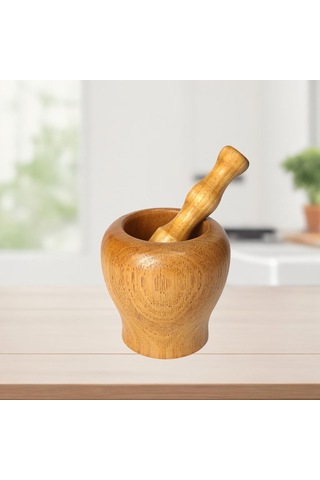 Homyl Ahşap Harç Ve Havaneli Set Manuel Sarımsak Minici Sos Açık Kahverengi