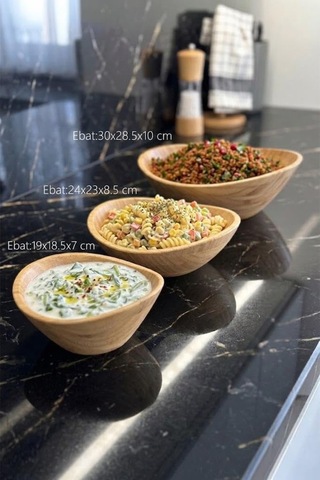 3'lü Bambu Kase Seti - Salata Ve Meyve Kasesi - Doğal Ahşap Sunum Takımı Diğer