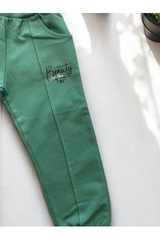 Kız Çocuk Pamuklu Beli Paçası Lastikli Eşofman Alt-15145 Yeşil