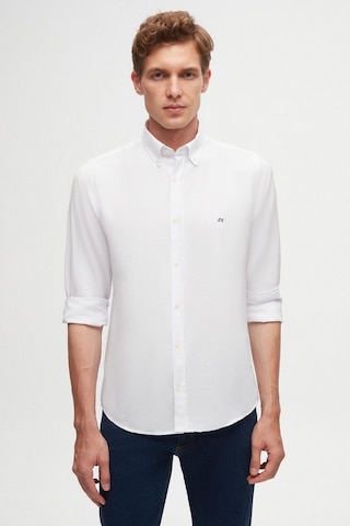 Ds Damat Slim Fit Beyaz Oxford Düğmeli Yaka Kolay Ütülenebilir Nakış Detaylı Pamuklu Gömlek 4HC02ORT03265 Beyaz