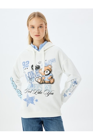 Koton Kolej Baskılı Kapüşonlu Oversize Sweatshirt Ekru 5wal10835ık Ekru