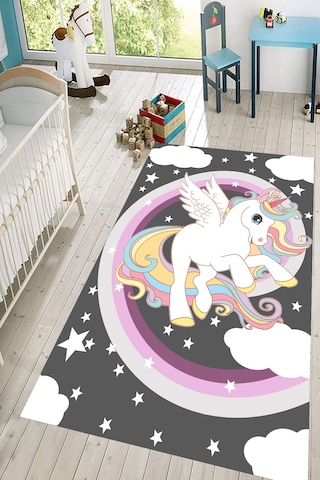 Dijital Baskılı Gri Unicorn Desenli Dekoratif Yıkanabilir Kaymaz Taban Çocuk Halısı Çok Renkli