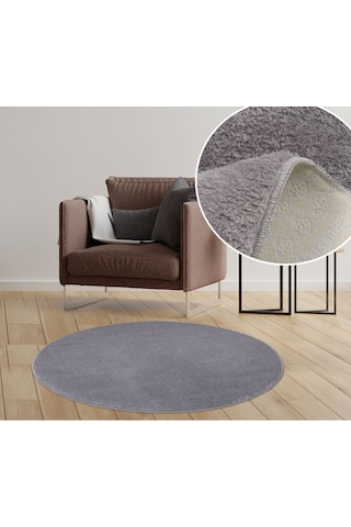 My Evilla Modern Dekoratif Halı Jel Kaymaz Taban Peluş Puffy Yuvarlak Gri