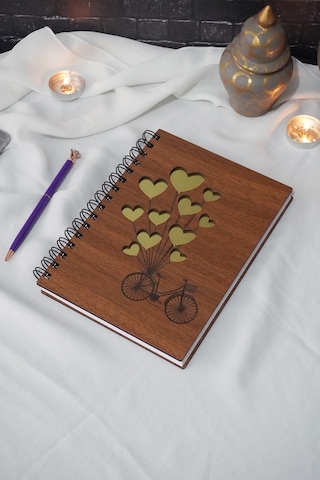 A5 Spiralli Balonlu Bisiklet Ahşap Defter - Günlük - Çizgisiz Defter Ahşap Rengi Ceviz A5 Notebook