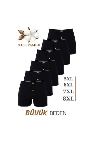 Arma Yıldız 6'lı Paket Erkek Siyah Geniş Kalıp Büyük Beden Boxer Battal Boy İç Giyim %100 Pamuklu Siyah