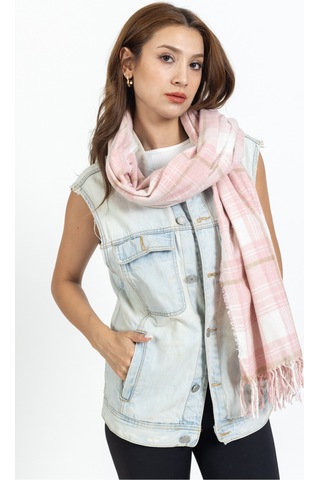 Ladycolor Ekoseli Yünlü Omuz Şalı - 70x200 Cm - Dayanıklı Akrilik Pembe