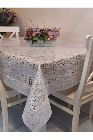 Dantel Kenarlı 120x150 Cm Pvc Muşamba Silinebilir Örümcek Ağı Desenli Masa Örtüsü Beyaz