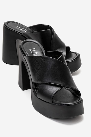 Luvishoes Essenza Siyah Hakiki Deri Çapraz Bantlı Kadın Platform Blok Topuklu Terlik Siyah