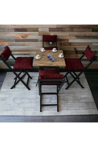Modern Style Home Minderli Balkon Bahçe Mutfak Bistro Set Katlanır 4+1 Masa-sandalye Bordo