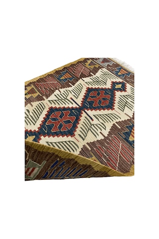 El Dokuma Uşak Kilimi 94x123 Krem Kahve Kök Boya %100 Yün Kilim