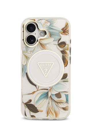Apple Uyumlu iPhone 17 Kılıf Guess Lisanslı M-safeli Simli Çiçek Desen Metal Kamera Çerçeveli Üçgen Logolu Beyaz Beyaz