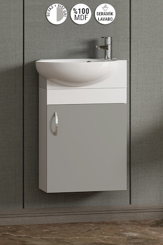 Lale 45 Cm Beyaz-sis Gri Mdf Seramik Lavabolu Asma Alt Banyo Dolabı