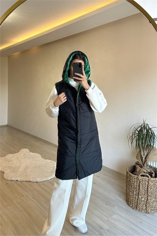 Neşeli Butik Kadın Çift Taraflı Kapüşonlu Şişme Yelek Nm017 Yeşil