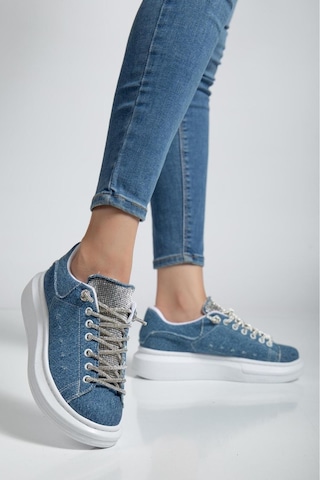 Erceka Taşlı Günlük Kullanıma Uygun Kadın Spor Ayakkabı Sneaker Bağcıklı Su Geçirmez Siyah-beyaz-mavi Taşlımavikot