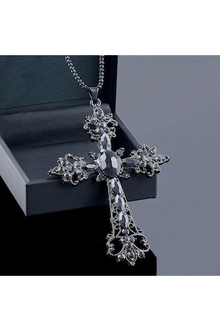 Soulader Vintage Tarz Çapraz Kolye Uzun Zincir, Siyah Renkli Taş Detaylı Kadın Kolyesi, Özel Günler İçin Şık Takı Çok REnkli