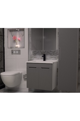 Banyo Dolabı Aynalı Cnc İşlemeli Membran Kapaklı 65 Cm Antrasit