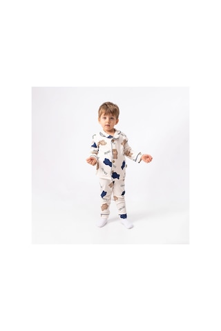 Bebegen Unisex Ekru Kahve Laci Biyeli Smile Yazılı Ayıcık Desenli Kruvaze Yaka Pijama Takımı Çok Renkli