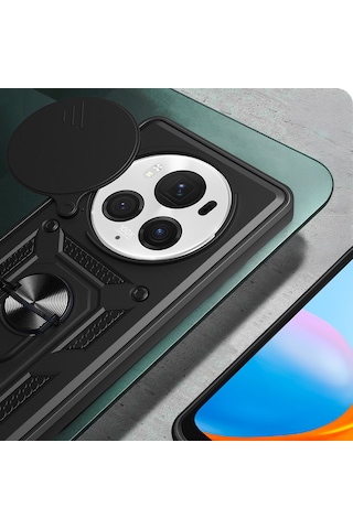 Honor Magic 6 Pro Kılıf Sürgülü Kamera Koruyucu Manyetik Standlı Tank Koruma Vardar Siyah