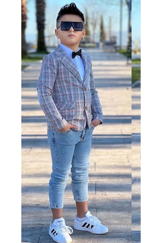 Riccotarz Erkek Çocuk Kırmızı Çizgili Blazer Ceket Kot Pantolon Alt Üst Takım Gri