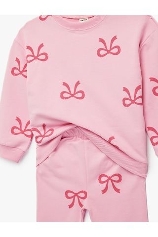 Koton Uzun Kollu Bisiklet Yaka Pamuklu Fiyonk Baskılı Sweatshirt Ve Tayt Seti - 2'li Takım Pembe Desenli 6smg10103ak Pembe