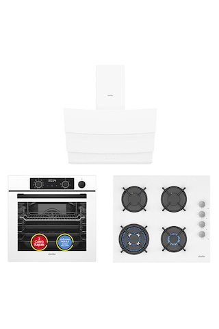 Simfer 0+10 Fonksiyon Steam Master 8245 Fırın + 3509 Ocak + 8707 Davlumbaz Beyaz 3'lü Ankastre Set