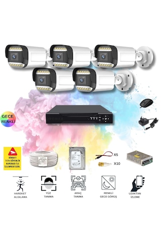 Qromax 5 Kameralı Set - Yapay Zeka Özellikli Gece Renkli Gösteren 5mp Sony Lensli 12 Warm Ledli Fullhd Güvenlik Kamerası Seti 312w-108