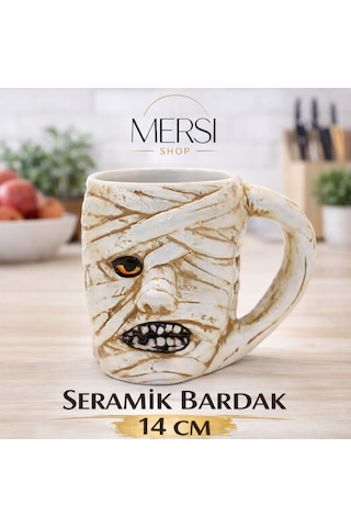 Antik Mısır Mumya Figürlü 3d Kabartmalı Seramik Kupa Bardak Dekoratif Kahve Çay Kupası Beyaz