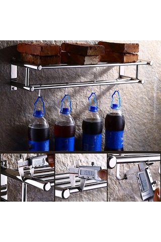 Novahub Çift Katmanlı Banyo Rafları, 4 Kancalı Havluluk, Duvara Monte, 23cm, Pratik Banyo Askısı Gümüş