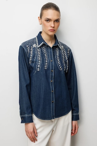 Ekol Kadın Taş İşlemeli Denim Görünümlü Gömlek 2910 Indigo Indigo