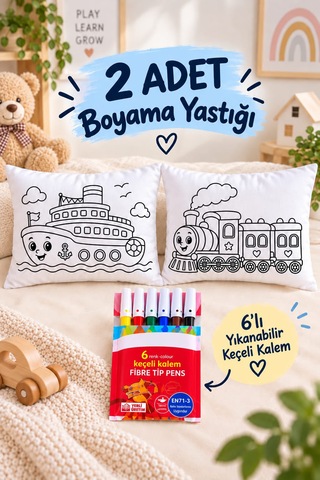 2 Adet Boyama Yastığı + 6 Renk Yıkanabilir Keçeli Kalem Çocuk Aktivite Seti Anaokulu Kreş Etkinliği