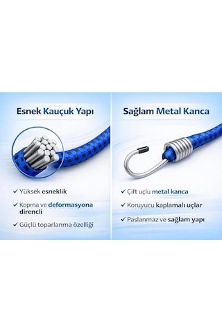 Bagaj Lastiği 3 Lü Set 80 Cm 6mm, Dolamaçlı Elastik Kordon, Çelik Kancalı, Yüksek Dayanımlı, Güvenli Yük Sabitleme İçin Profesyonel Kullanım