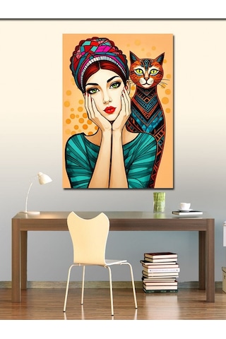 Kanvas Tablo Desenli Kadın Ve Kedi 70cmx100cm