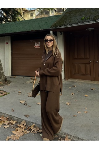 Kahverengi Fermuarlı Kapüşonlu Triko Takım - 0511 Vizon
