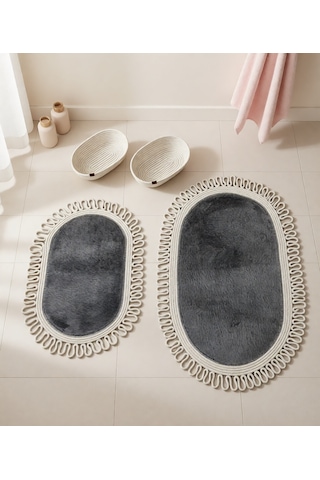 Senza Atelier Lüks 4 Lü Banyo & Antre Seti Fırfırlı Halat Çerçeveli, Peluş Dokulu Kaydırmaz Paspas Takımı Ve Sepetler Açık Gri - Antrasit