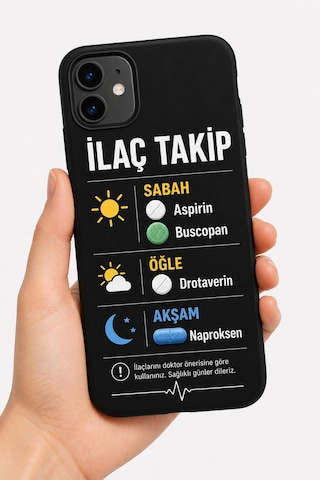 İlaç Takip Telefon Kılıfı Sabah Öğle Akşam İlaç Programı Baskılı Kılıf Kişiye Özel Tasarım Siyah