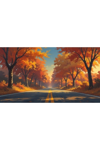 Doğa Ve Manzara Yatay Sonbahar Ağaçlarının Arasında Ufka Doğru Uzanan Yalnız Yol 06 Çerçevesiz 90x60cm Pvc Tablo