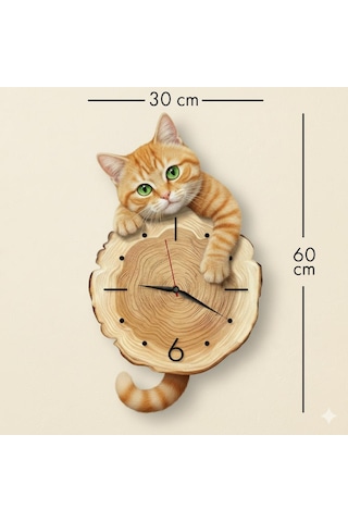 Cajuart Kütük Üzerinden Bakan Sarman Kedi Tasarımlı Duvar Saati Modern Dekoratif Saat Kahverengi
