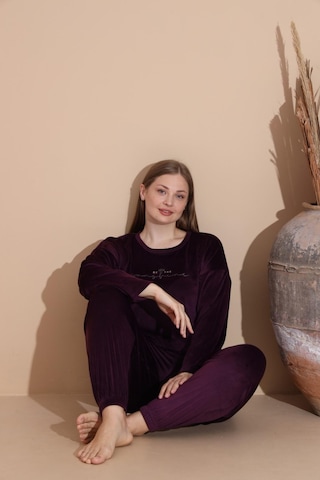 Boyraz Kadın Kışlık Fransız Kadife Büyük Beden Bisiklet Yaka Uzun Kol Pijama Takımı 03143 - 1 Adet Mor