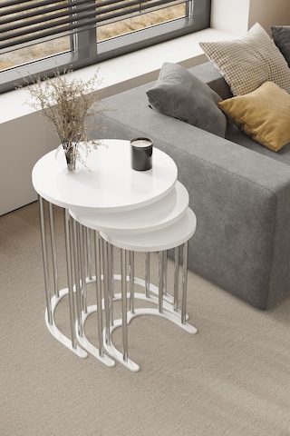 3' Lü Zigon Sehpa Gümüş Ayak Beyaz 18 Mm Mdf Gümüş