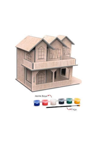 Ahşap Köşk Ev Maket Boyama Seti, 6'lı Boya Ve Fırça Dahil